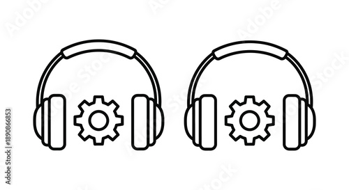 A simple black and white line drawing depicts two pairs of headphones with gear details high quality professional