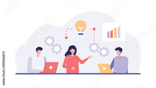 Modern office collaboration with diverse team brainstorming and working on laptops together