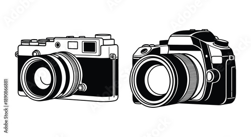 A striking black and white illustration depicts two distinct camera models showcasing the evolution of photographic technology high quality professional