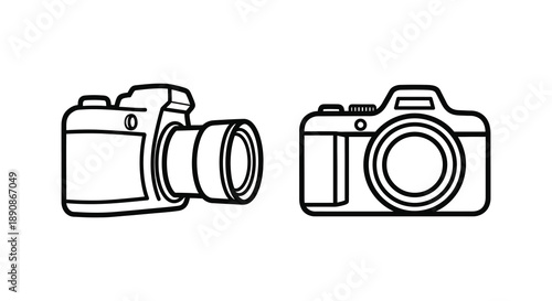 A simple black and white illustration depicts two different styles of vintage cameras side by side high quality