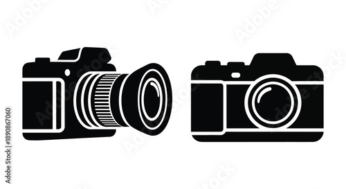 A stark black and white illustration depicts two vintage slr cameras facing opposite directions showcasing photographic equipment