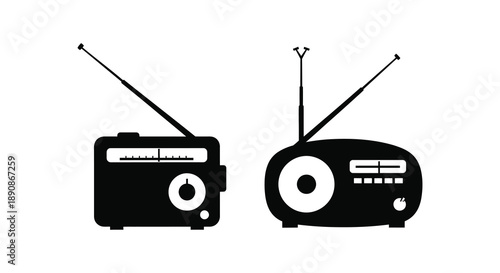 A minimalistic black and white illustration depicts two vintage radios with extended antennas symbolizing communication and nostalgia