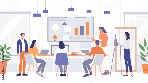 Modern office room with coworkers collaborating and presenting on a large screen display