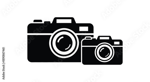 A minimalist black and white illustration depicts two cameras a larger slr and a smaller point and shoot high quality