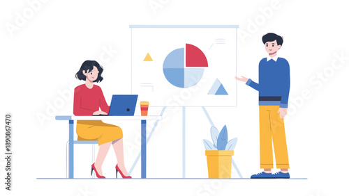 Business professionals collaborating in a modern office setting with presentation and laptop