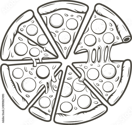 A black and line of a sliced pizza with various toppings slices