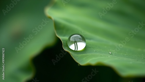 hasty. A single water droplet resting on a green lotus leaf, morning dew, macro detail. gardening catalogs, home-decor guides, designed for gardening and botanical catalogs, promotes healthy living.