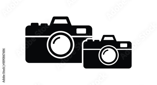 A minimalist black and white graphic depicts two vintage cameras one larger and one smaller side by side