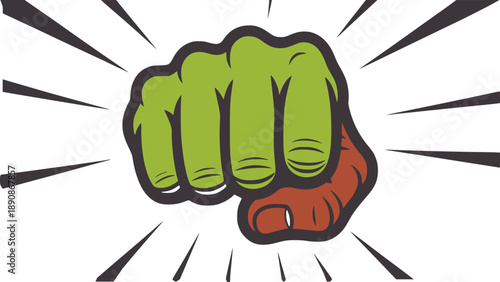 Bright green clenched fist with impact lines and orange wrist