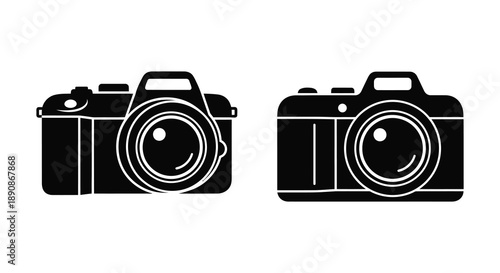 A minimalist depiction showcases two black silhouette cameras side by side representing photography and image capture high quality professional detailed