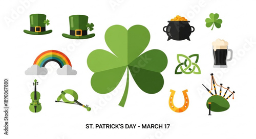 St patrick's day icons set with shamrocks leprechaun hats rainbow pot of gold and beer on white background for festive celebrations