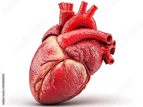3D rendered human heart organ photorealistic surface detail white studio background modern medical visualization mood cinematic lighting centered composition, Realistic Photo