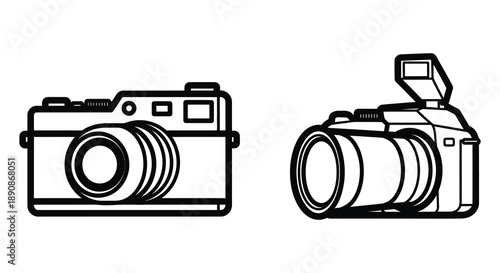 A simple black and white illustration depicts two different styles of vintage cameras side by side high quality