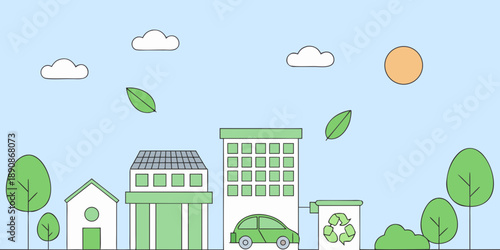 A charming green city landscape with buildings trees and a bright sun