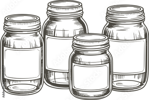 Hand Drawn of Four Empty Glass Jars with Metal Lids