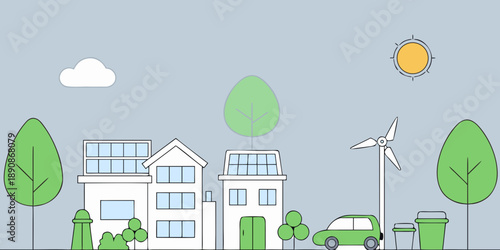 Modern eco friendly town with solar panels wind turbine and green trees