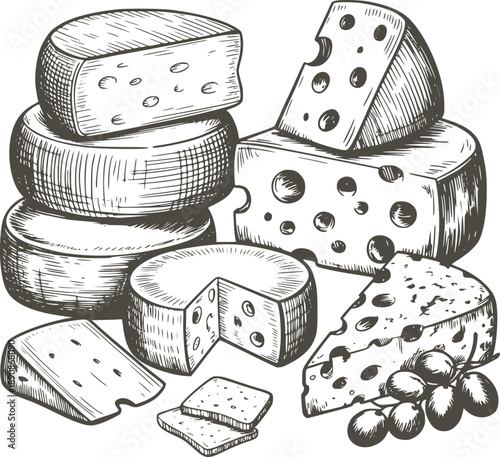 Hand Drawn of Various Cheese Wheels and Slices artisanal
