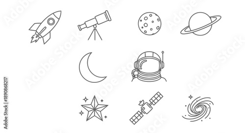Space exploration icons in outline style featuring rocket, telescope, moon, Saturn, crescent, astronaut helmet, star, satellite, and galaxy
