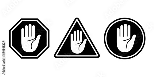 Stop hand signs in different shapes octagon triangle circle for warning caution prohibition danger alert no entry forbidden signal vector graphics