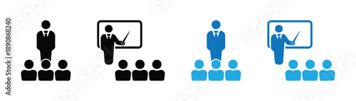 Teacher presenting to audience of students in classroom setting, lecture or training, vector icon set