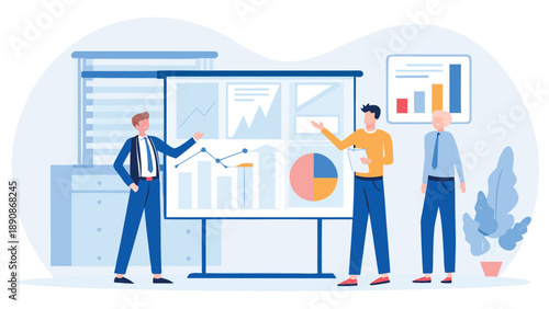 Flat illustration of three business professionals analyzing data on a whiteboard in modern office environment with blue tones
