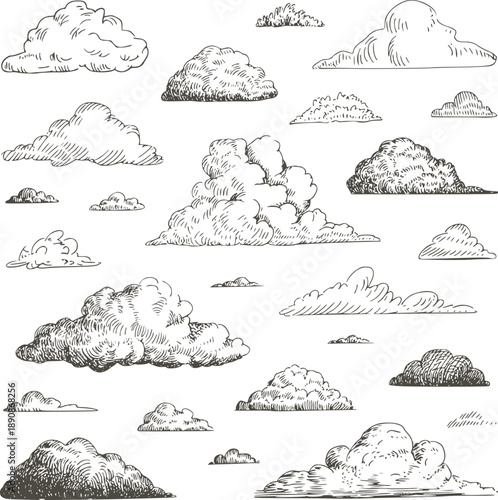Monochrome Hand Drawn of Various Cloud Shapes and Sizes clouds hand-drawn fluffy