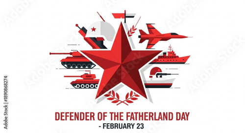 Defender of the fatherland day february 23 military vehicles and weapons illustration