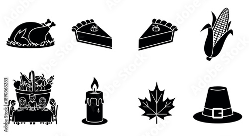 Thanksgiving holiday meal and symbols in black silhouette vector icons: roasted turkey, pumpkin pie slices, corn, basket of harvest, family dinner, candle, maple leaf, pilgrim hat.
