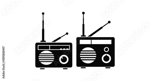 A simple black and white illustration depicts two vintage transistor radios side by side showcasing classic designs high quality professional