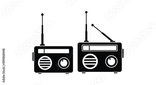 A minimalist black and white illustration depicts two vintage portable radios side by side with antennas high quality professional detailed