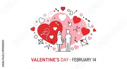 Valentine's day illustration of a loving couple surrounded by hearts and symbols on a pink background