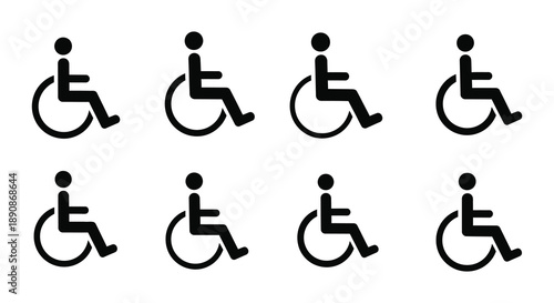 A collection of simple black wheelchair accessibility symbols arranged in a grid pattern indicating inclusivity high quality professional