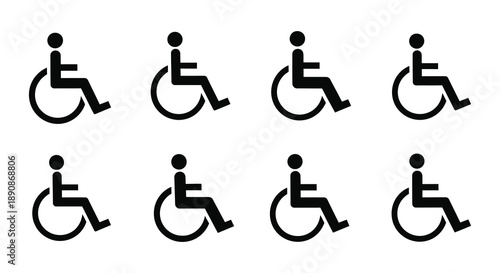 A grid displays eight identical black silhouettes of people seated in wheelchairs representing accessibility high quality professional detailed