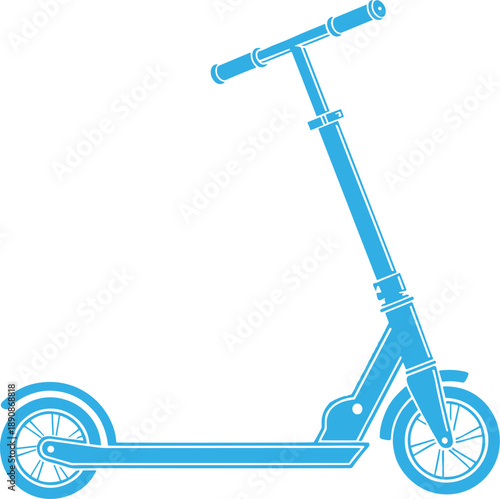 Minimalist blue electric kick scooter silhouette illustration, modern urban personal mobility transport icon isolated on white background flat vector design