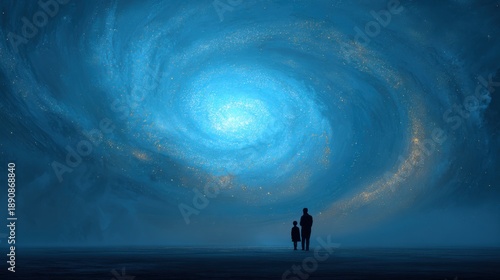 Silhouette of adult and child watching glowing spiral galaxy sky surreal cosmic fantasy dream inspiration scene at night on white background