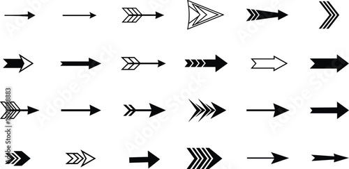 Set of black arrow icons in multiple styles and directions, minimalist vector symbols for navigation, interface design, and graphic elements