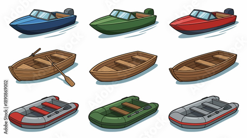 Cartoon Boat Collection Speedboats Rowboats Rafts Illustration Set