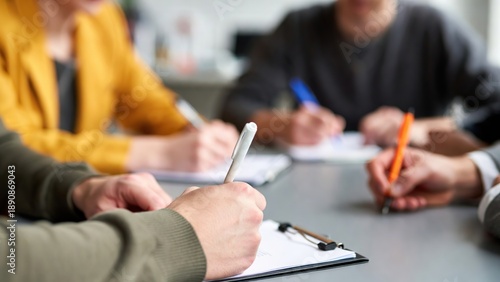 Multiple diverse hands are actively writing notes on clipboards during a collaborative business meeting.