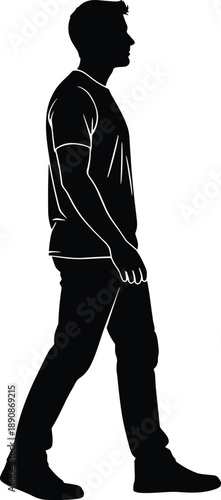 Full body black silhouette of a young man walking forward and looking up toward the sky isolated on white background for vision and progress