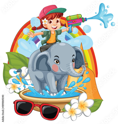 Cartoon Girl Riding Elephant Playing with Water Gun for Songkran Festival