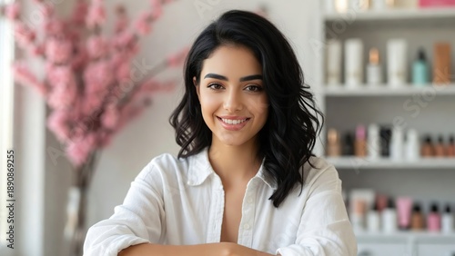 A confident young woman with dark wavy hair smiles genuinely at the camera in a professional setting.