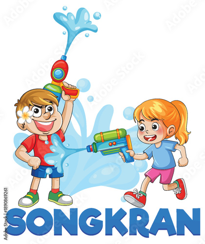 Children Playing with Water Guns During Songkran Festival Celebration Illustr...