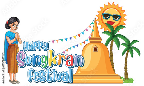 Happy Songkran Festival Vector Illustration with Thai Woman and Pagoda