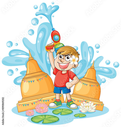 Cartoon Boy Celebrating Songkran Festival with Water Gun and Golden Pagodas