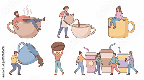 Coffee Culture Concept Illustration Set People and Drinks