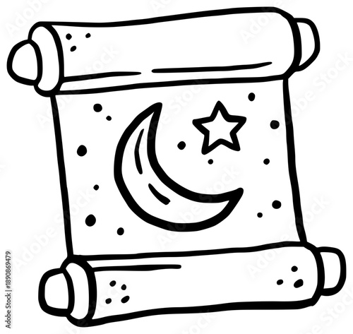 Hand-Drawn Islamic Scroll with Crescent Moon and Star Illustration