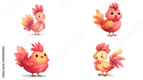 Cute rooster cartoon illustration set with fluffy chickens in warm colors ideal for children designs farm themes stickers and playful animal character branding