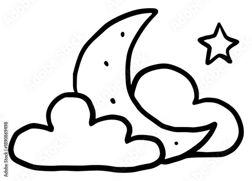Hand-Drawn Crescent Moon with Clouds and Star Night Illustration