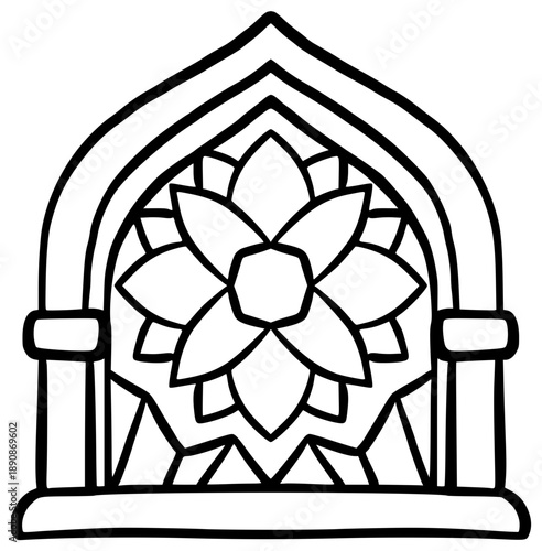 Hand-Drawn Islamic Arch with Floral Geometric Ornament Illustration