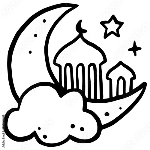 Hand-Drawn Islamic Mosque with Crescent Moon, Stars, and Clouds Illustration